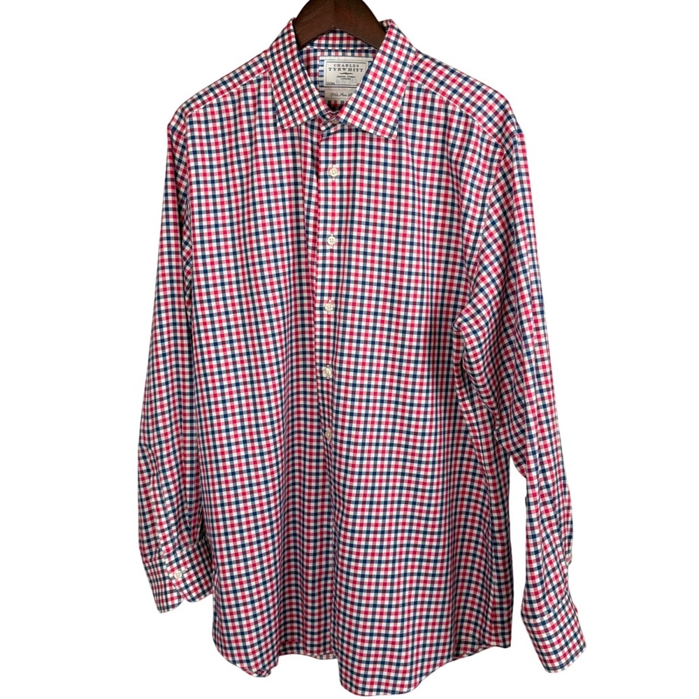 Charles Tyrwhitt Shirt Mens 17.5/36 Slim Fit Non Iron Gingham Check Red Blue